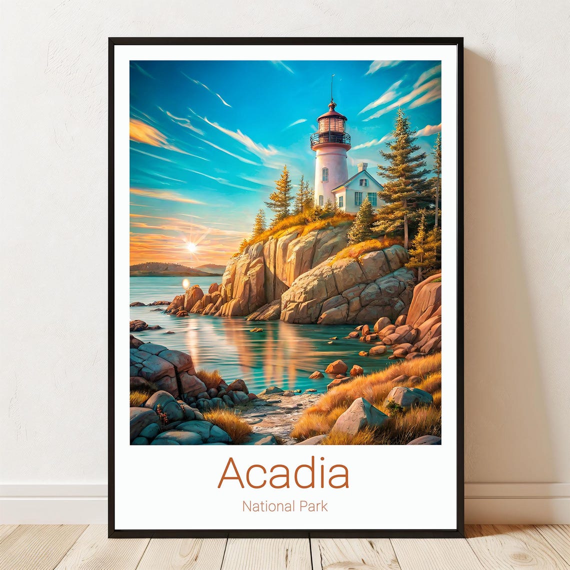 Acadia National Park Lighthouse Sunset Rocky Coast Travel Poster