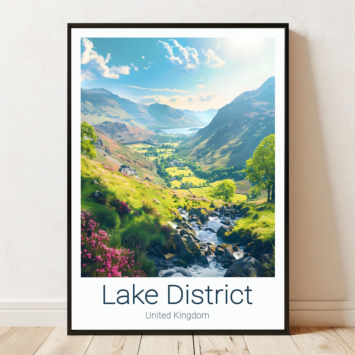 Lake District England Sunny Valley Stream Wildflower Travel Poster