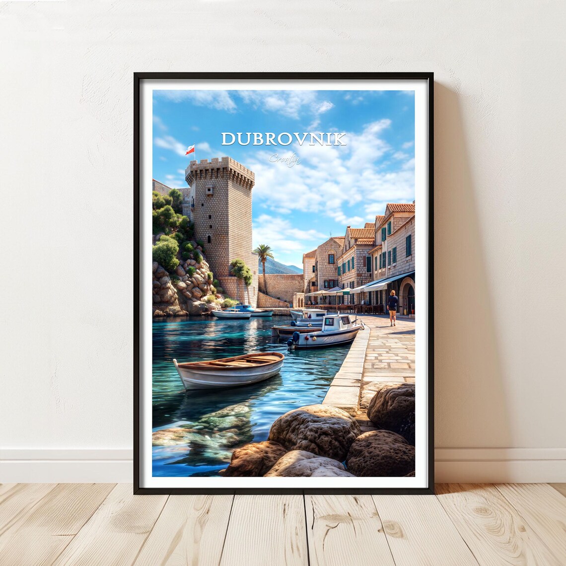 Dubrovnik Croatia Old Harbor Stone Tower Fishing Boats Travel Poster