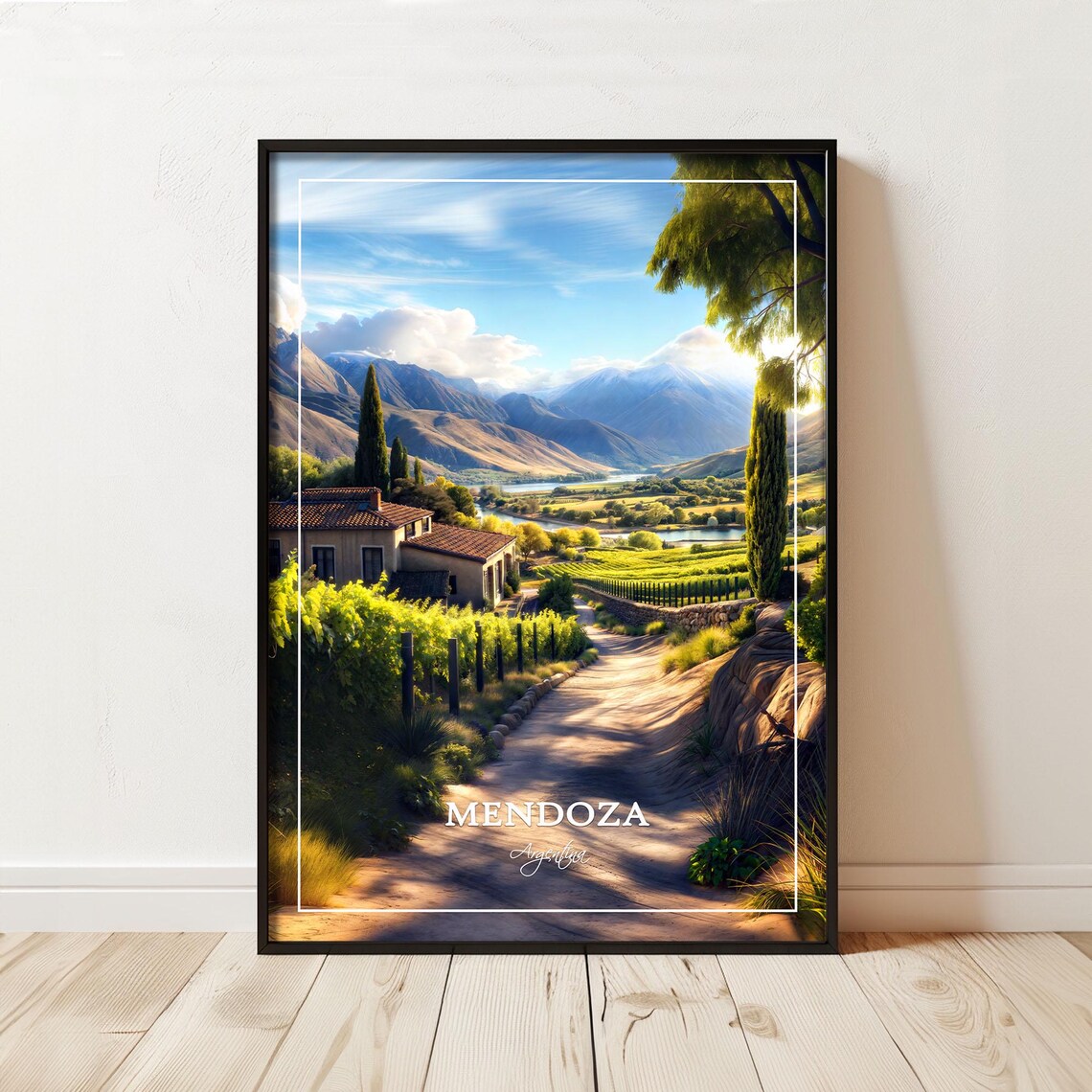 Mendoza Argentina Vineyard Valley Sunset Andes Mountain Travel Poster