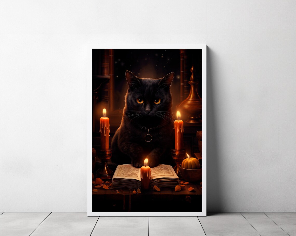Black Cat With an Open Spell Book Candles and Pumpkin Poster - Image 3