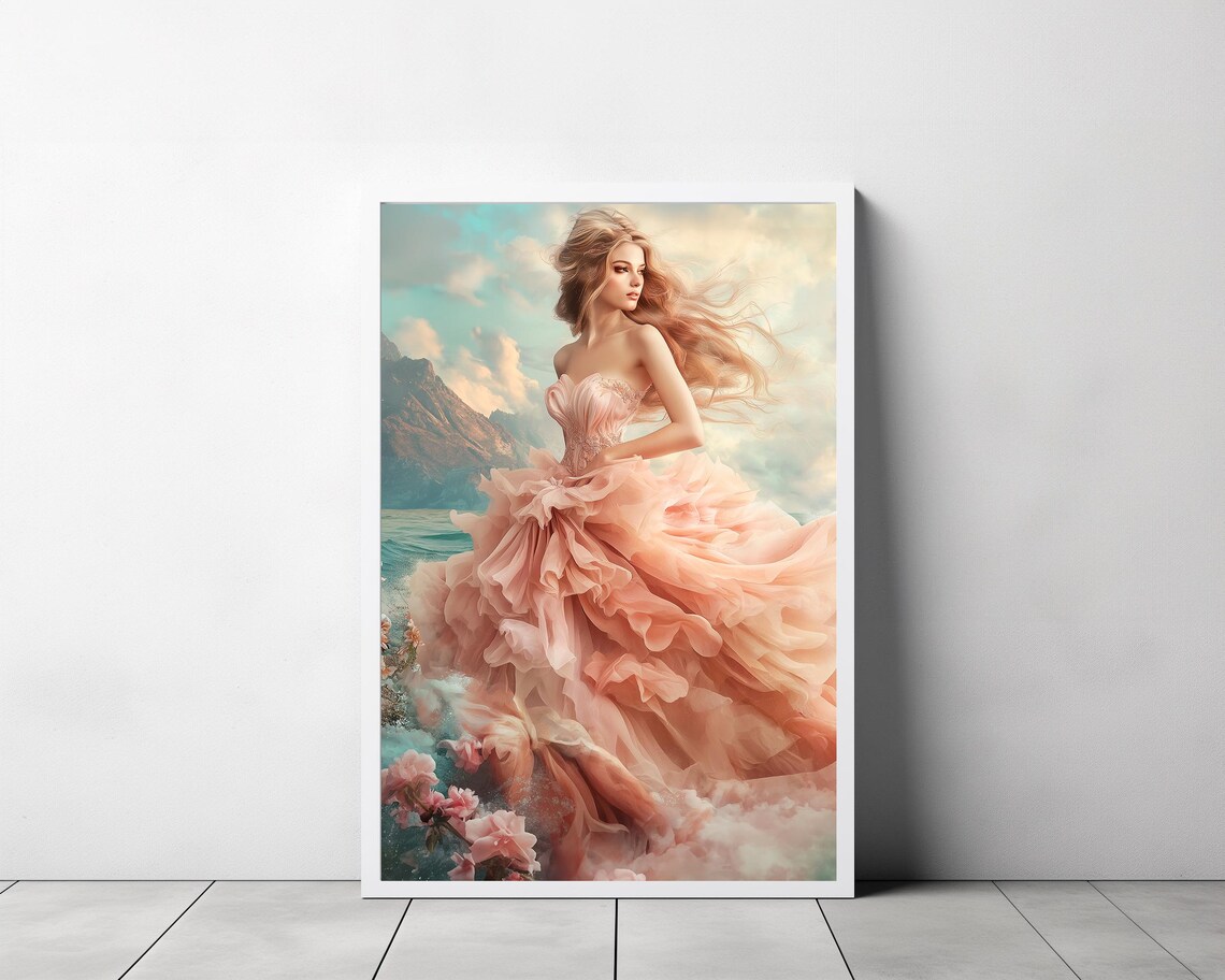 Beautiful Aphrodite Greek Goddess in Pink Gown by the Sea Art Poster - Image 3