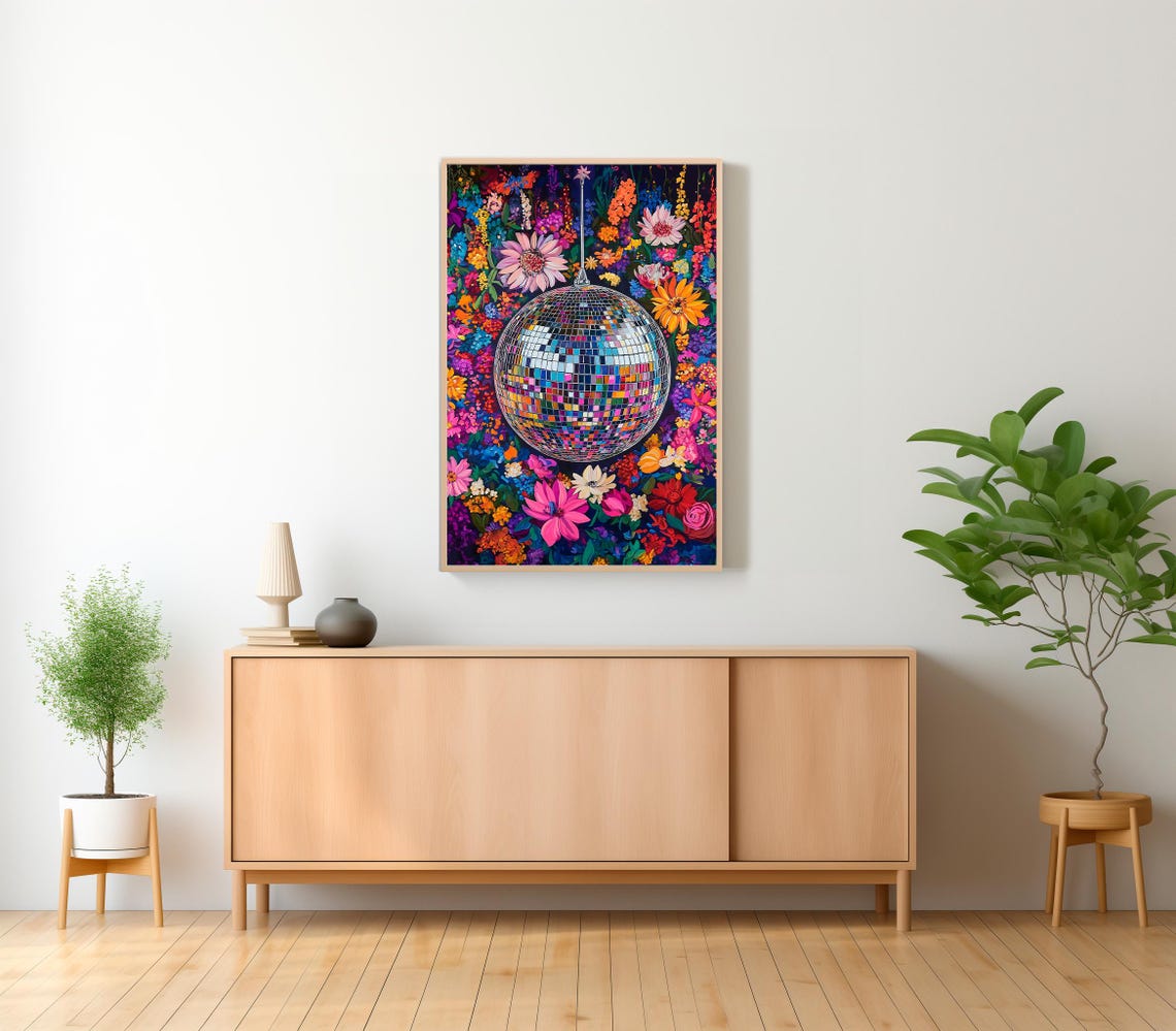 Wall Art Disco Ball Maximalist Oil Painting Living Room Colorful Trendy Kitsch Pink Print Vivid Bold Dopamine Botanical Picture - Image 2