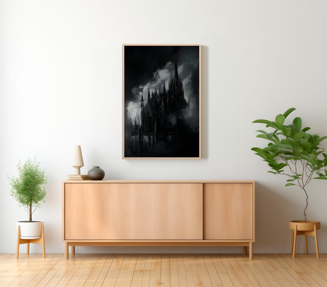 Dark Gothic Castle Shrouded in Night Mist Haunting Vampire Art Poster - Image 2