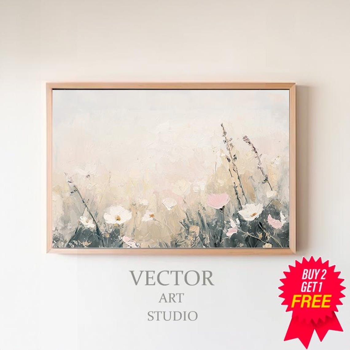 Ethereal Pastel Wildflowers Swaying in a Soft Beige Meadow Poster