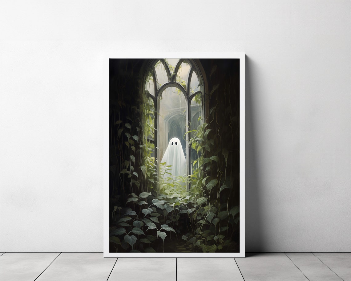 Ghost Peeking at a Vine-Covered Gothic Arch Ruined Window Poster - Image 3