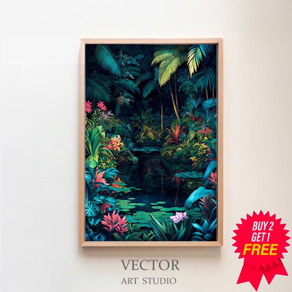 Moonlit Midnight Tropical Jungle with Dark Lagoon Botanical Poster