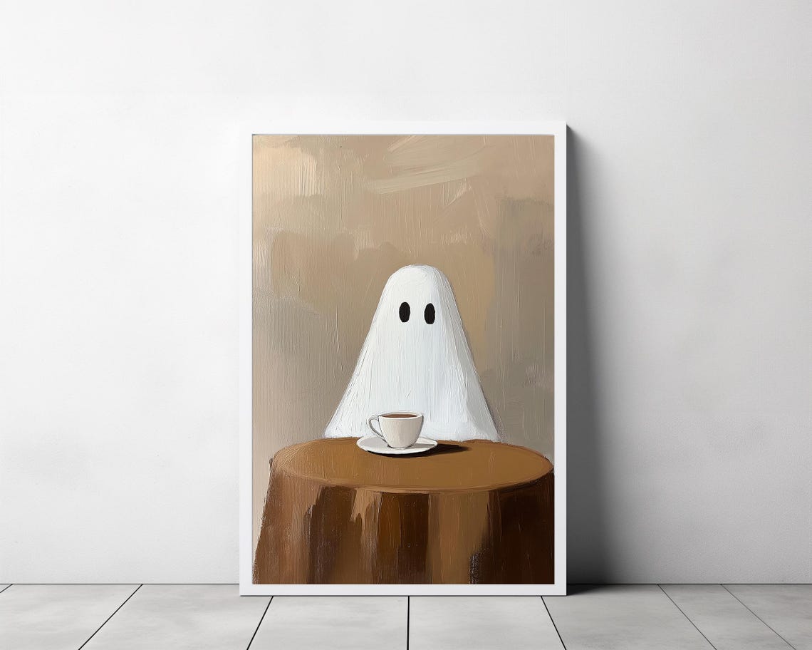 Cute Ghost with Coffee Cup Painting Halloween Whimsical Poster - Image 3