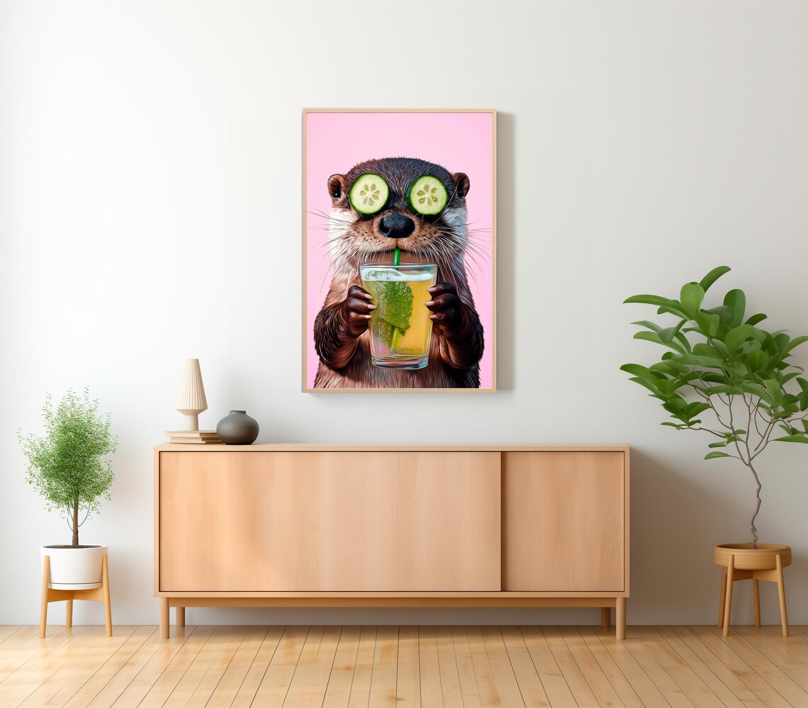 Otter with Cucumber Spa Eyes Drinking a Cocktail Pink Funny Animal Poster - Image 2