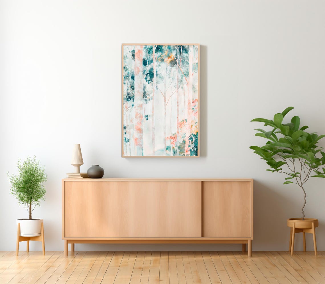 Teal and Coral Eucalyptus Forest Soft Watercolor Wall Poster - Image 2