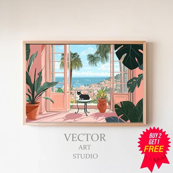 Sunny Coastal Terrace with Black Cat Tropical Interior Art Print