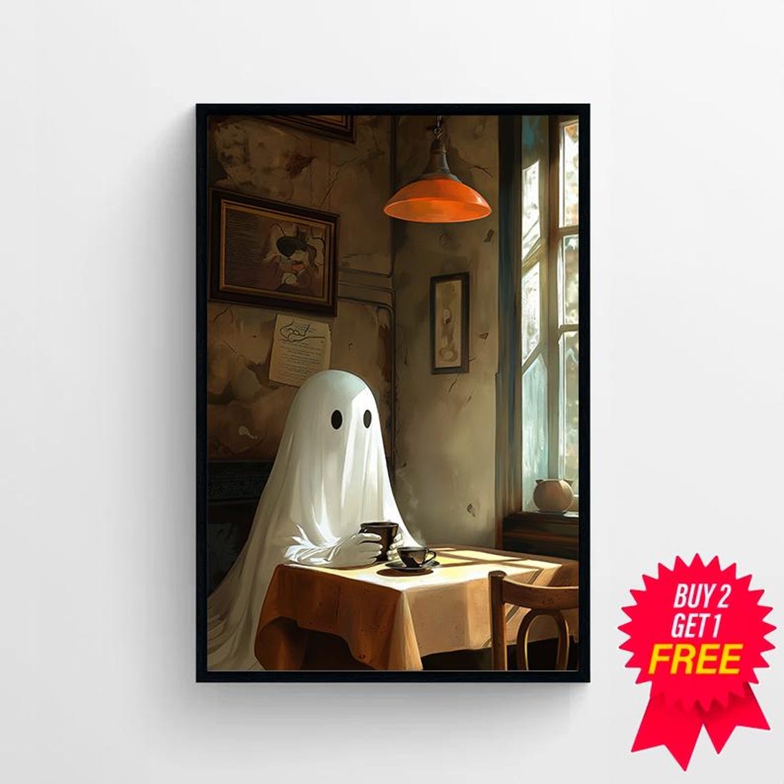 Ghost Enjoying Coffee At Cozy Cafe Table Dark Academia Art Poster - Image 4