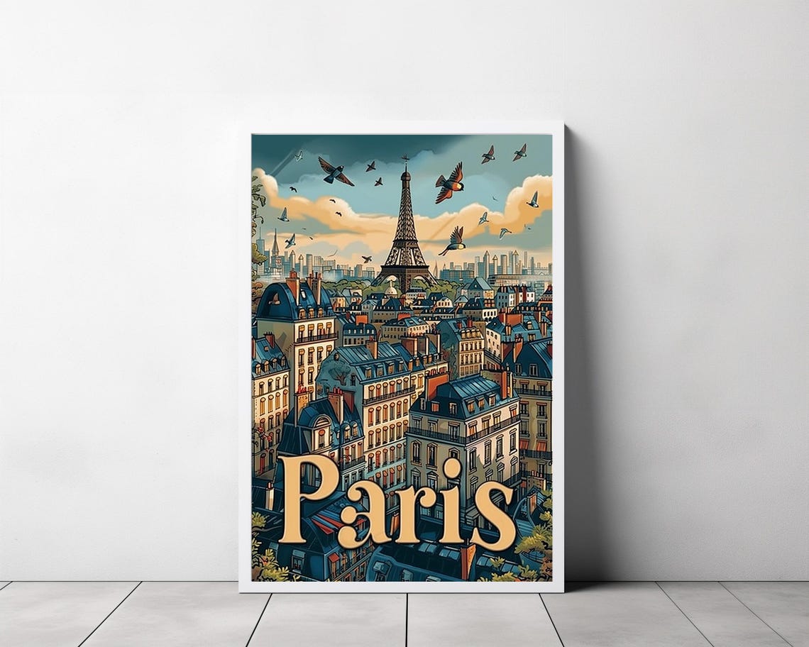 Paris Eiffel Tower And Rooftops At Dusk Vintage Travel Poster - Image 3