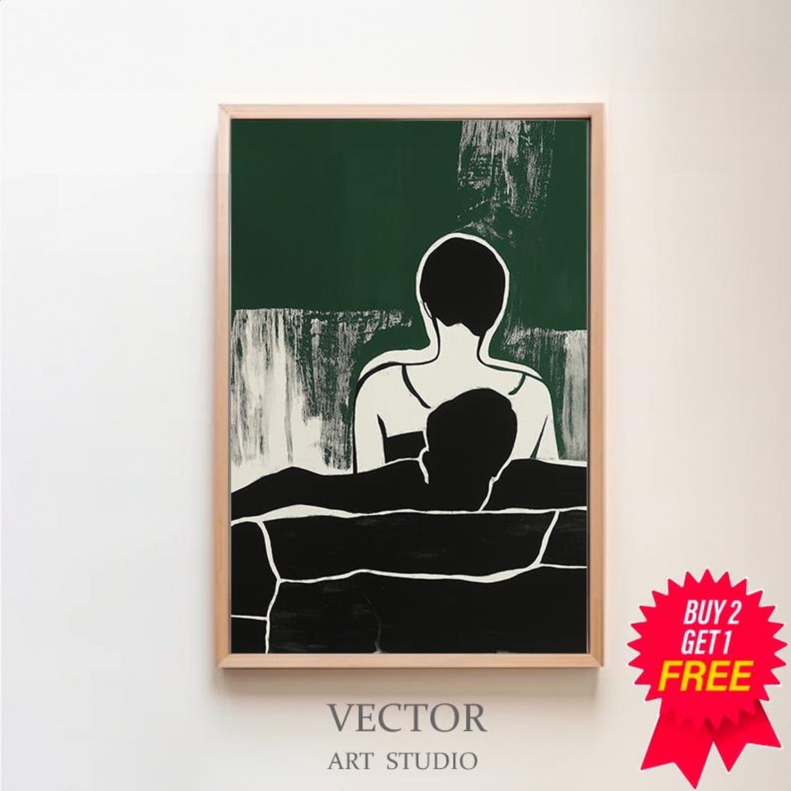 Abstract Black Silhouette Couple Reclining on Emerald Green Poster