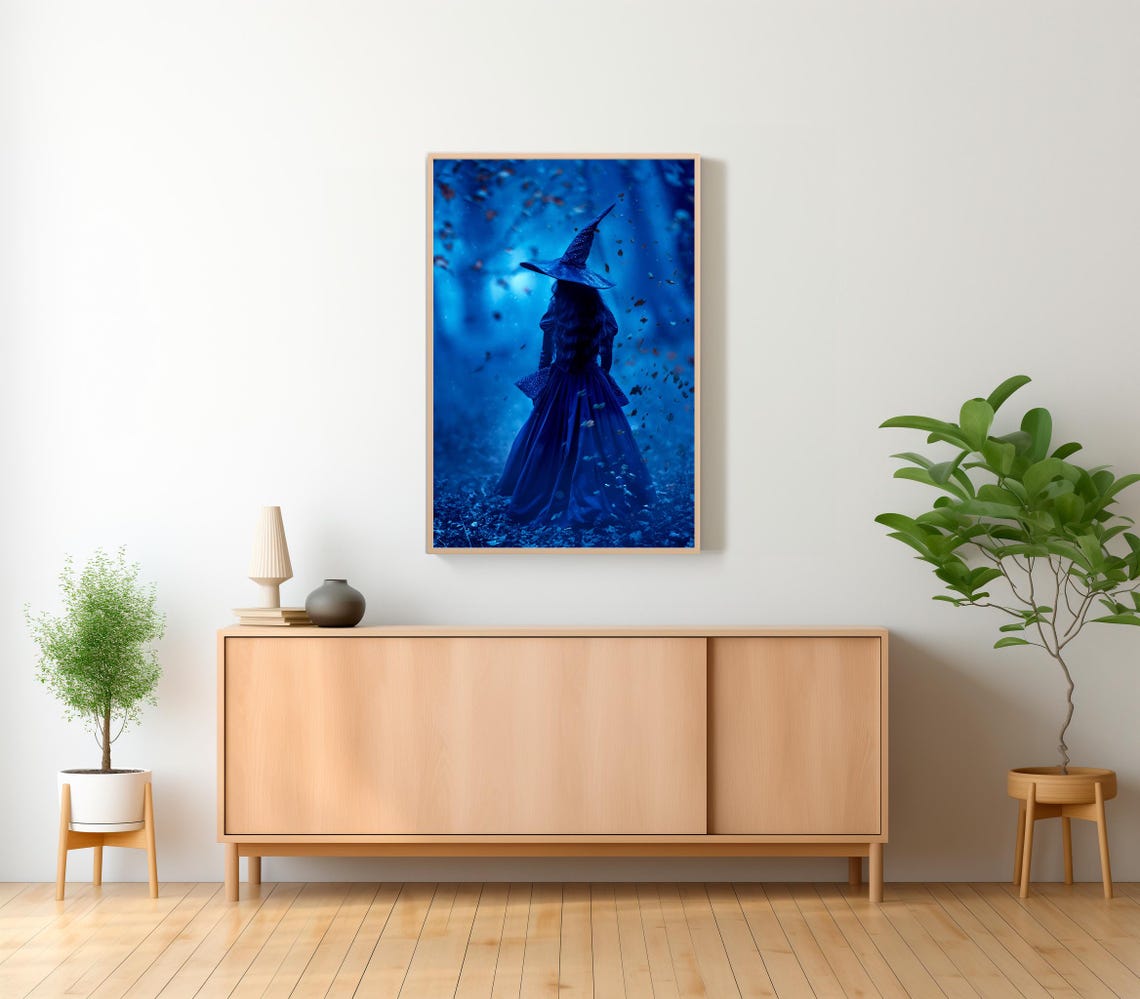 Blue Witch In Falling Leaves Inside Enchanted Night Forest Poster - Image 2