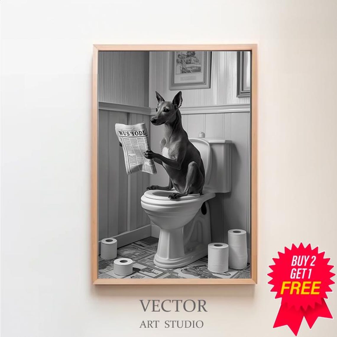 Greyhound Reading The Newspaper On The Toilet Funny B&W Poster