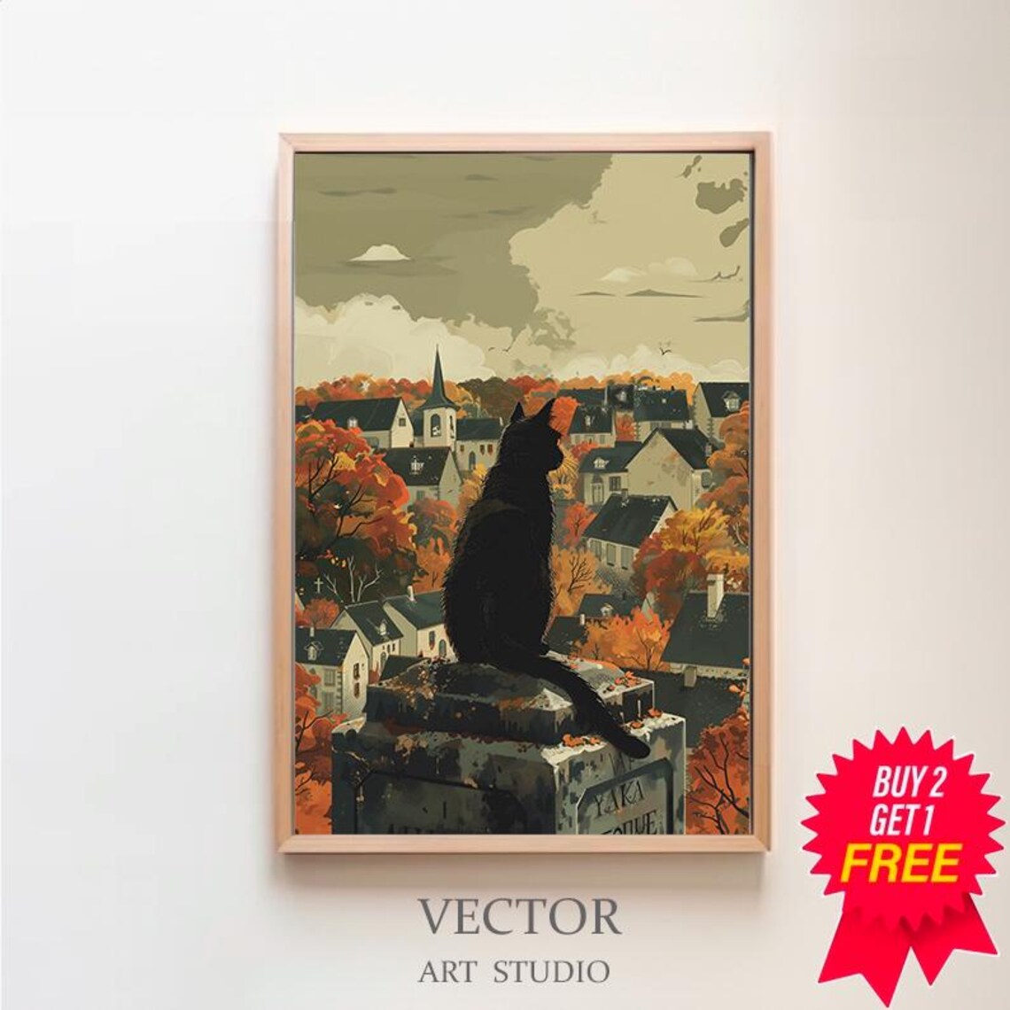 Black Cat Sitting on a Tombstone Above an Autumn Village Art Poster