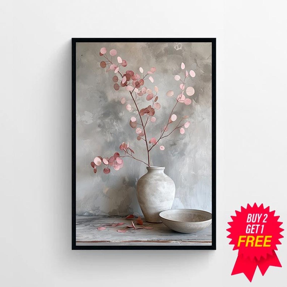 Blush Pink Eucalyptus Branches in Tall White Vase Serene Art Print - Image 4