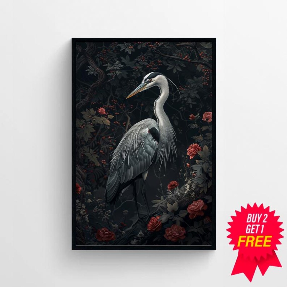 Grey Heron in Profile Among Red Roses in a Dark Garden Night Poster - Image 4