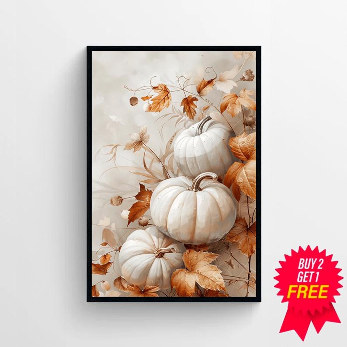 White Pumpkins And Autumn Leaves Fall Farmhouse Decor Art Poster - Image 4