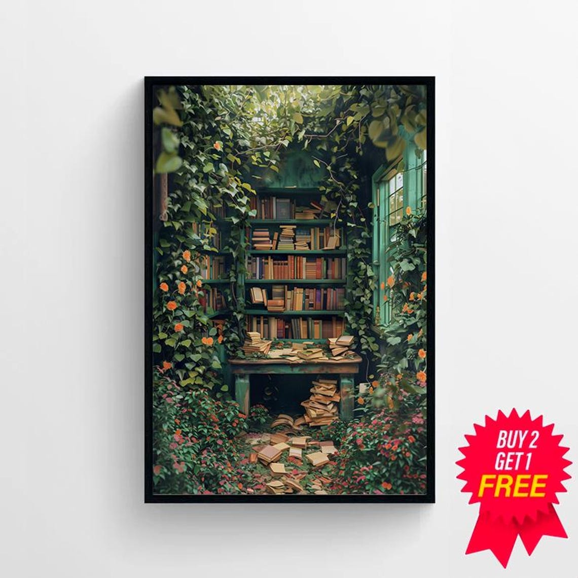 Greenhouse Library Reading Nook with Vines and Books Painting Poster - Image 4