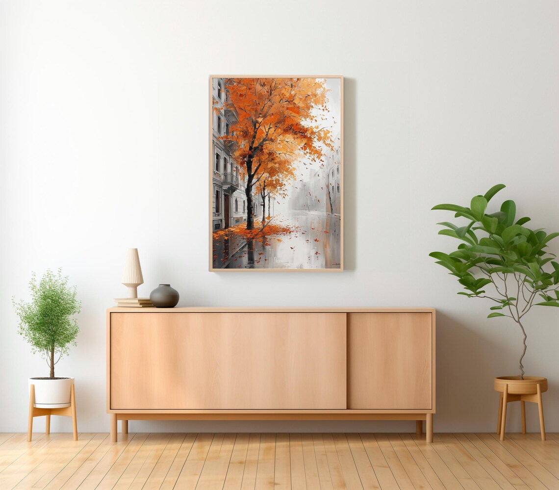 Impressionist Autumn City Street with a Blazing Orange Tree Poster - Image 2