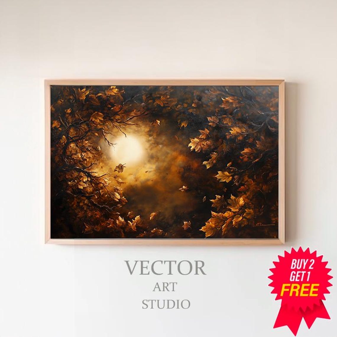 Glowing Moon Through Autumn Leaves Textured Oil Painting Poster