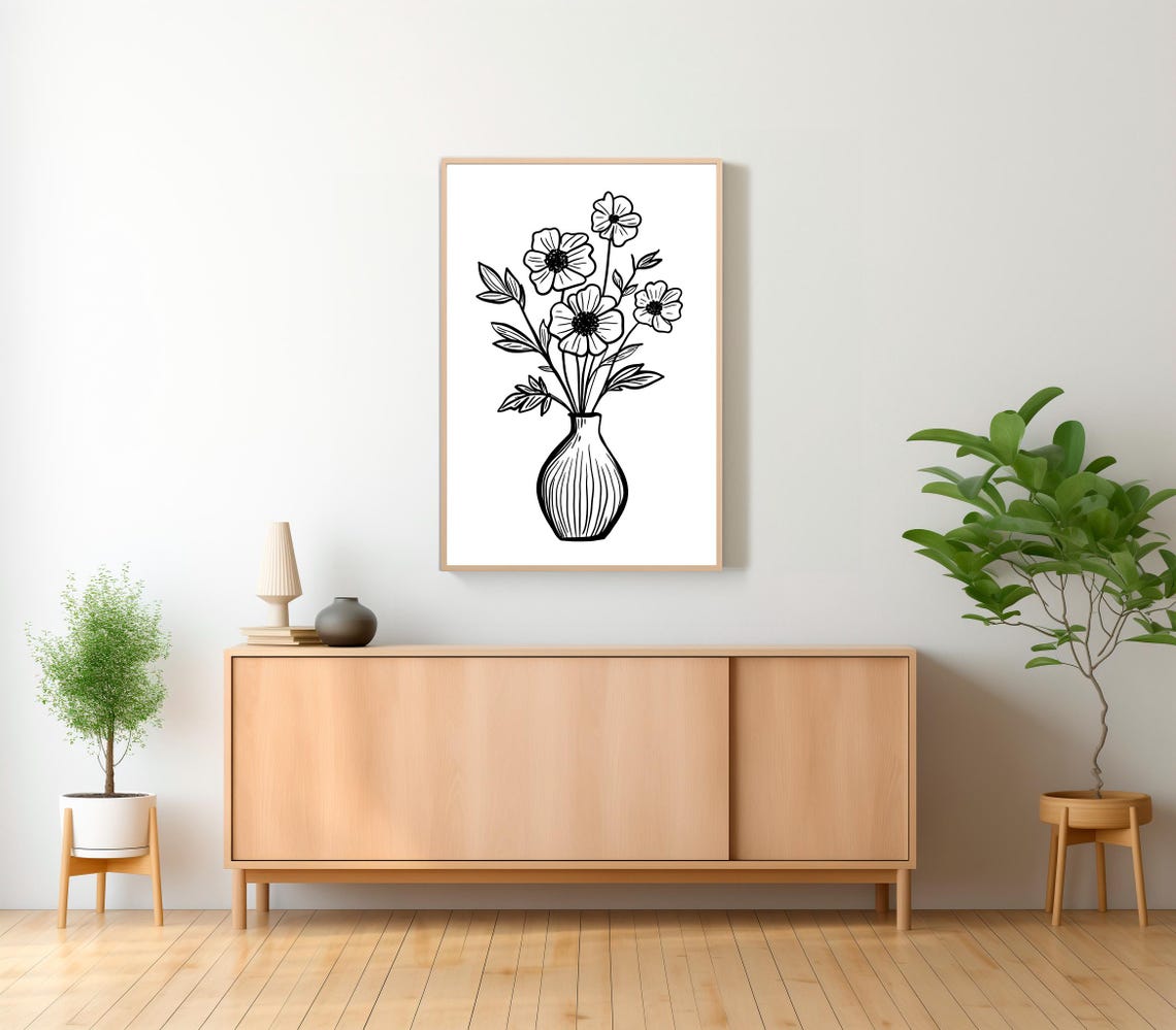 Minimalist Flower Line Drawing in a Round Ribbed Vase Poster - Image 2