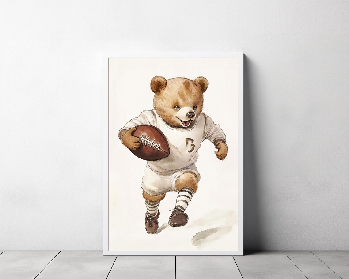 Teddy Bear Football Player Running With the Ball Nursery Poster - Image 3