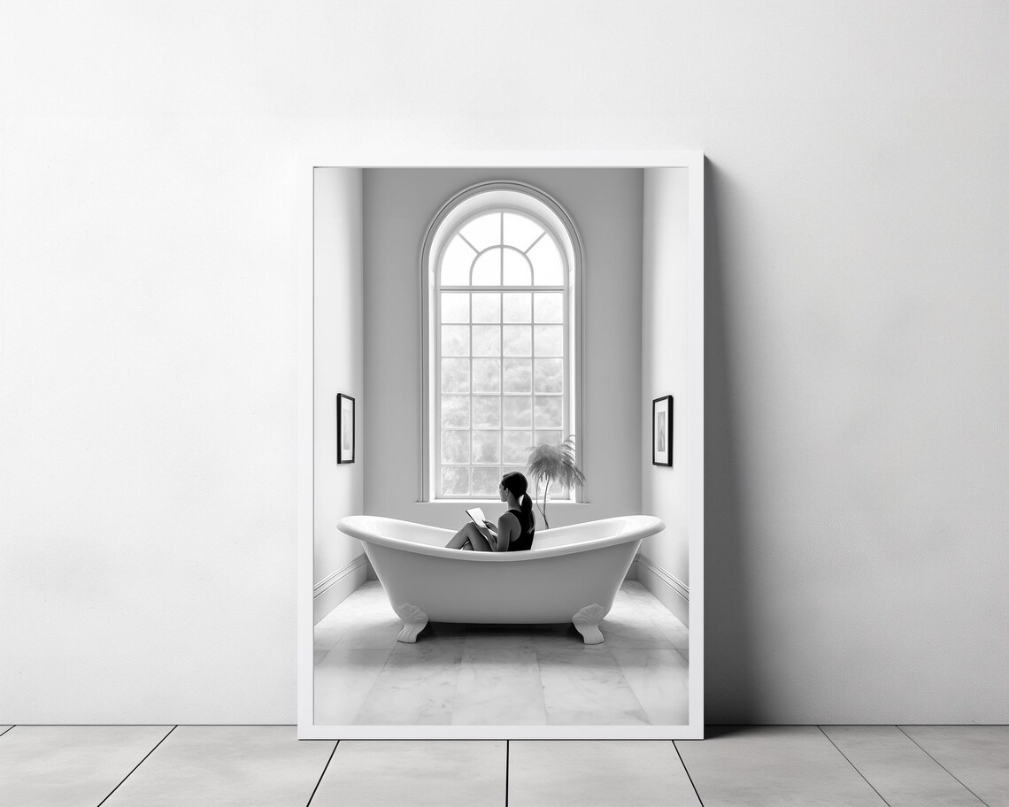Woman Reading in a Clawfoot Tub Black and White Bathroom Art Poster - Image 3