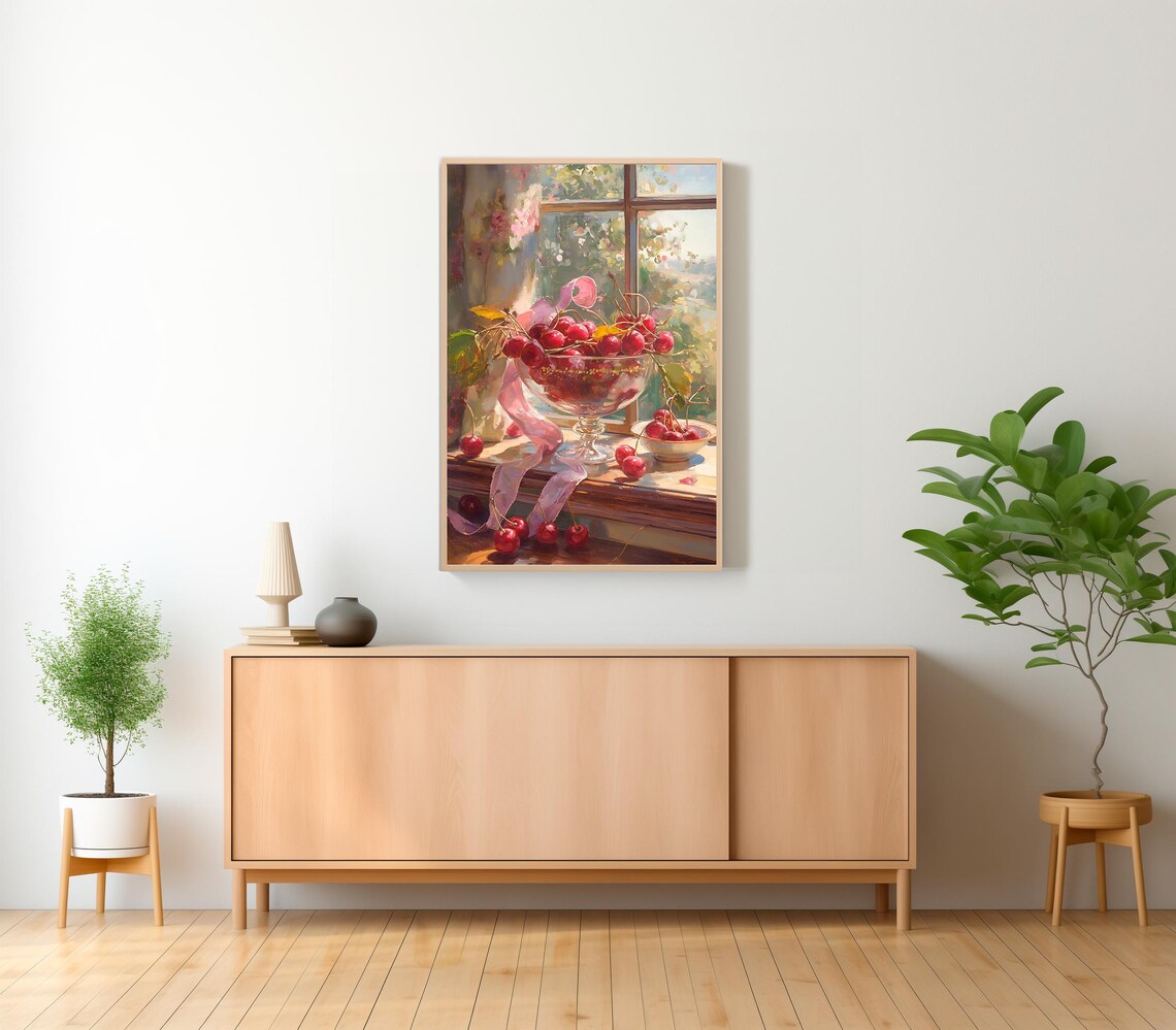 Glass Bowl Of Red Cherries On A Sunny Windowsill Still Life Art Poster - Image 2