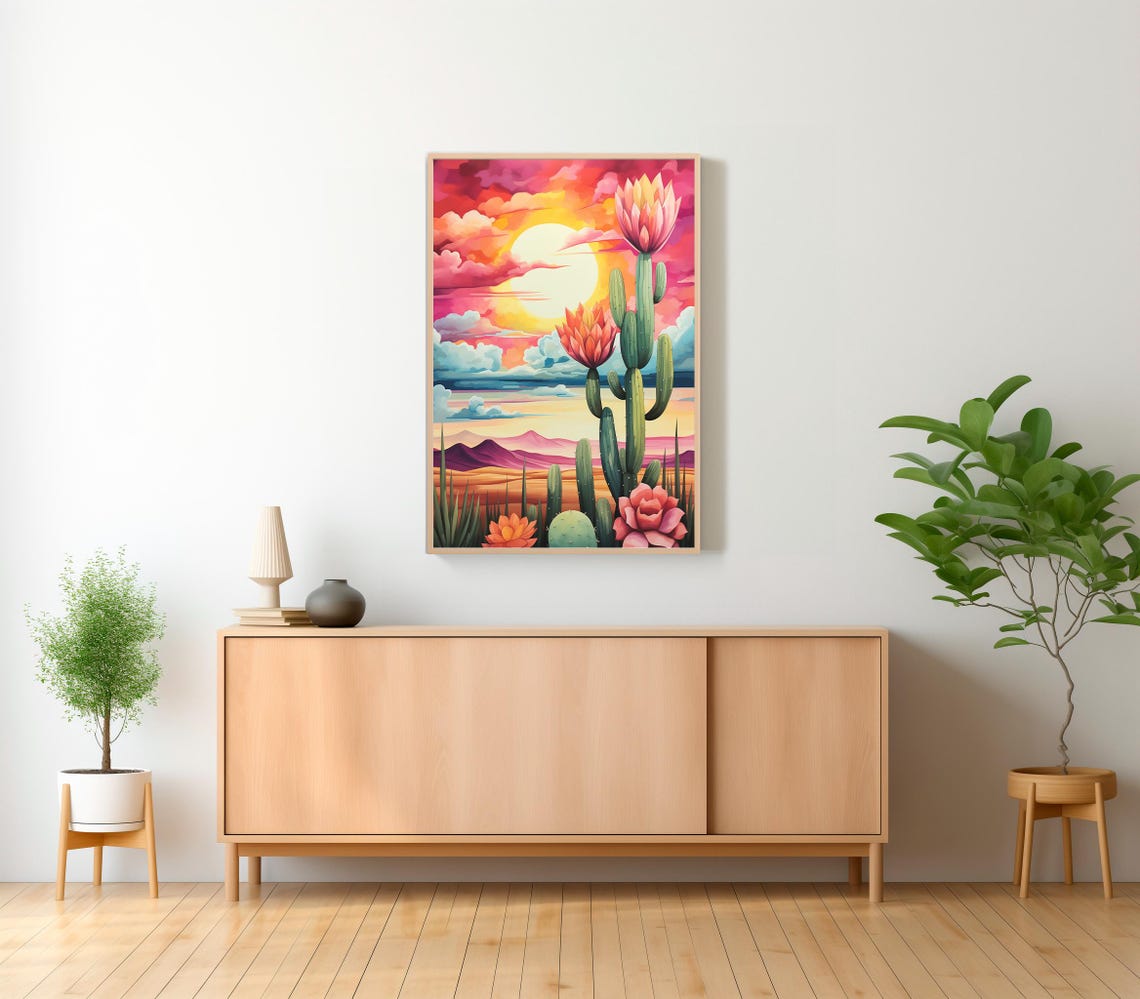 Vibrant Pink Sunset Desert with Blooming Saguaro Cactus Poster - Image 2
