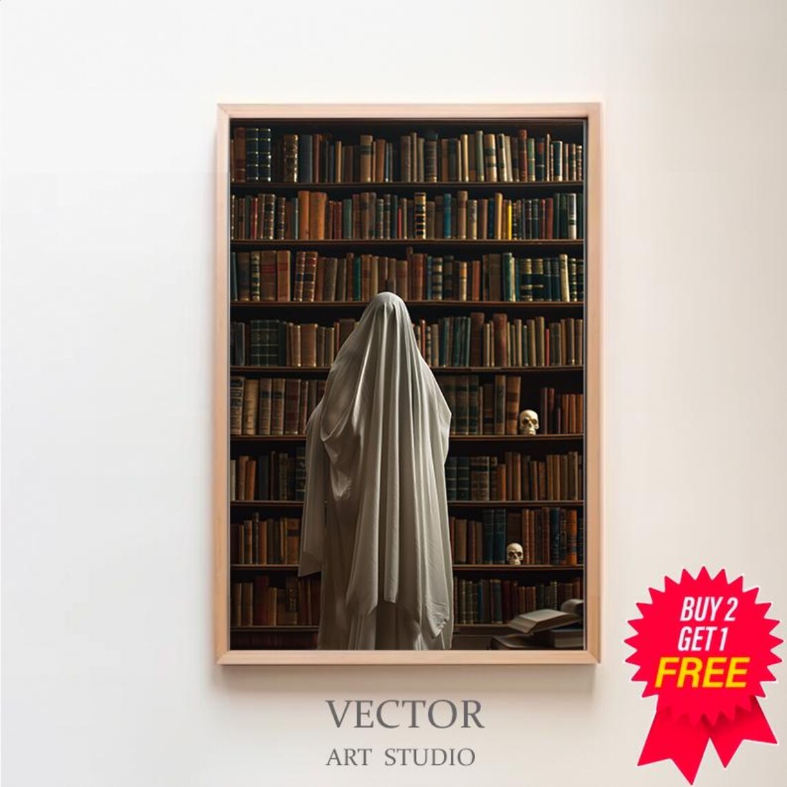 Ghost Facing A Wall Of Old Books From Behind Dark Academia Poster