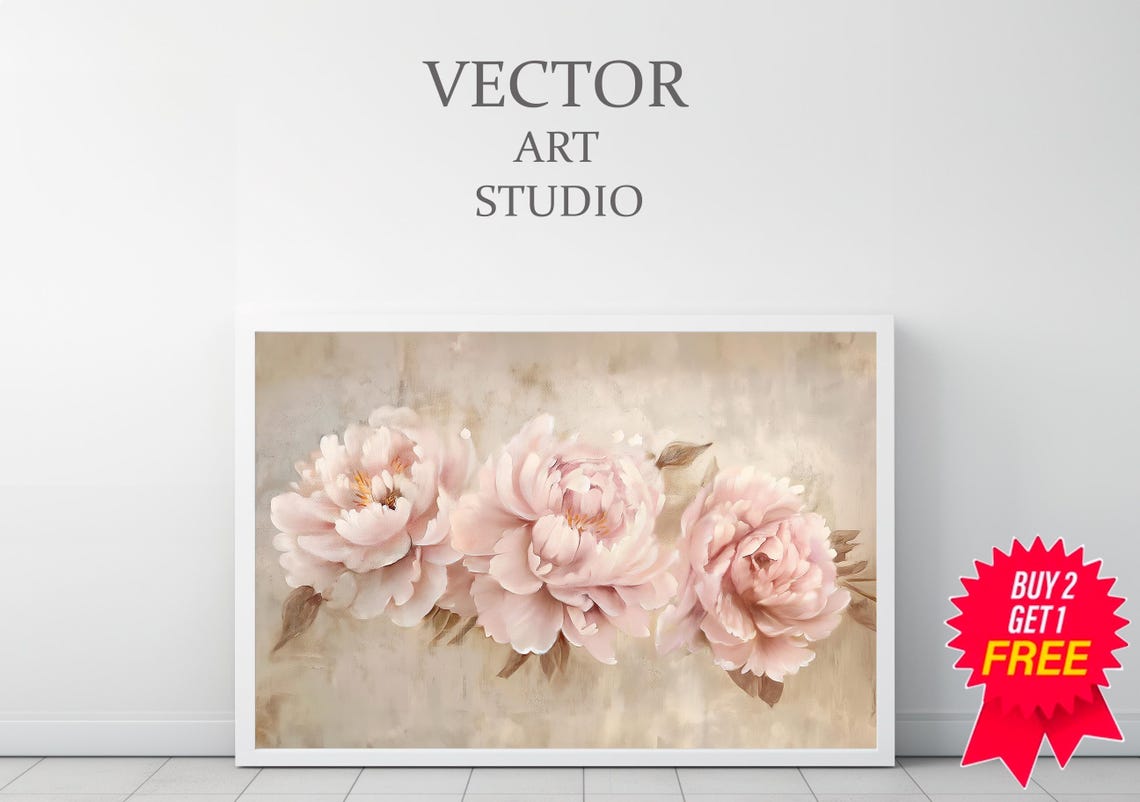 Blush Pink Peonies In Bloom On Warm Beige Vintage Botanical Art Poster - Image 3