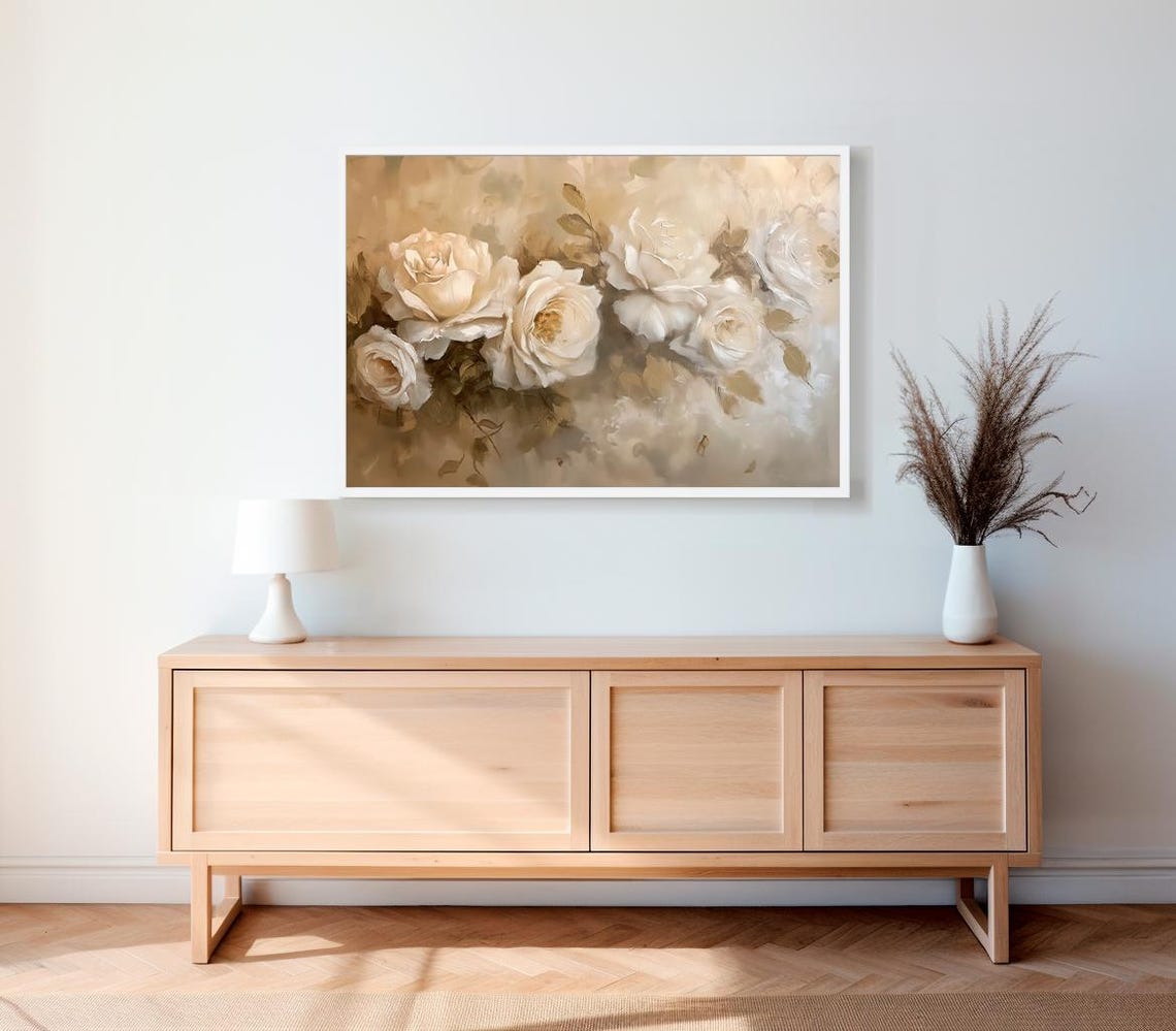 Cream White Roses Neutral Elegant Victorian Floral Painting Poster - Image 2
