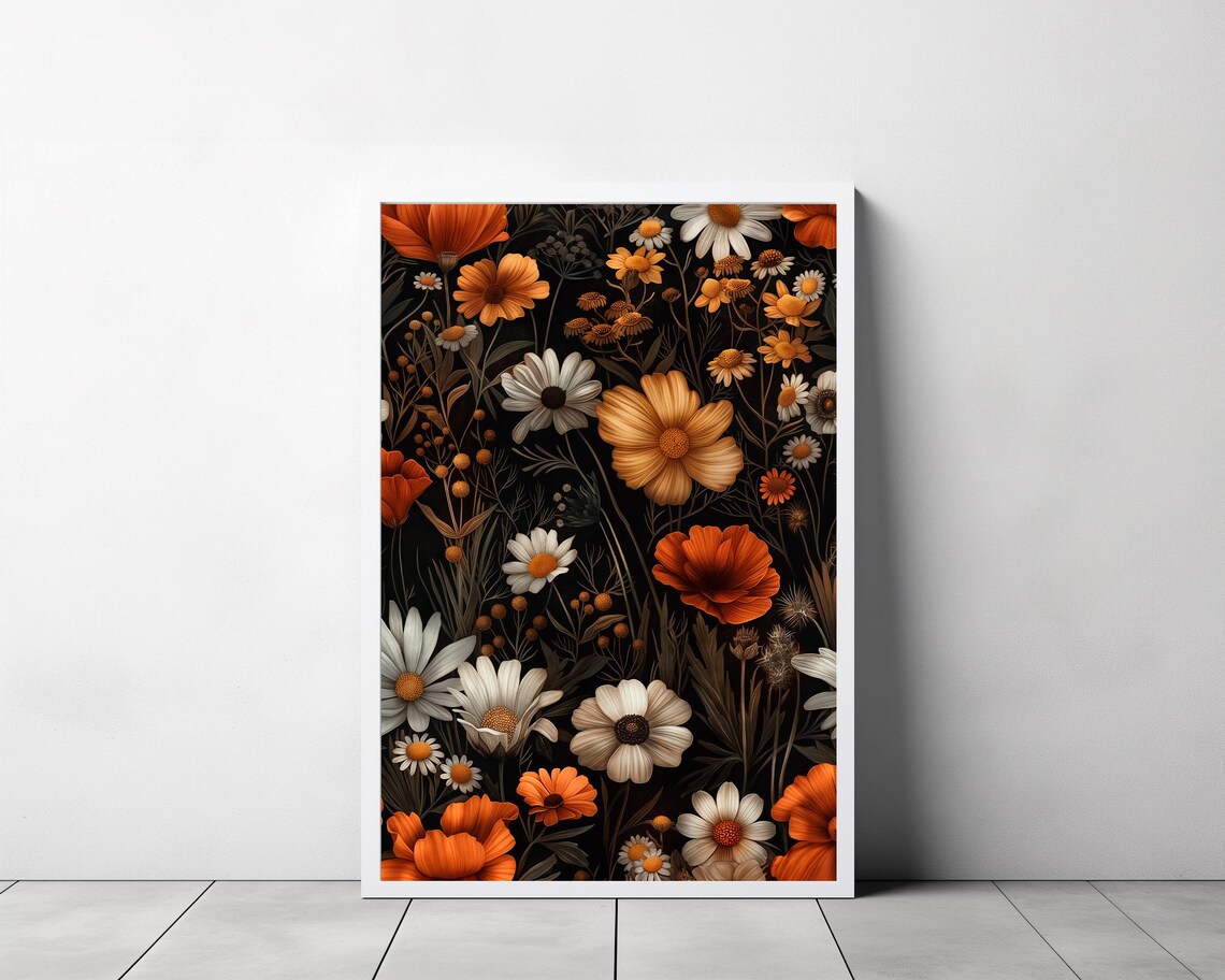 Orange and White Wildflowers Moody Dark Botanical Art Poster - Image 3