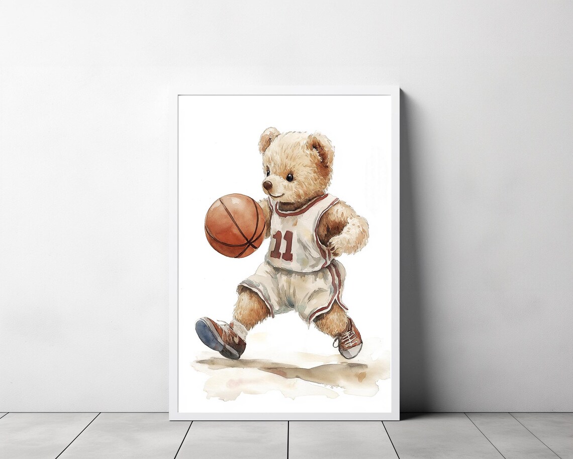 Teddy Bear Basketball Player Number 11 Watercolor Nursery Poster - Image 3