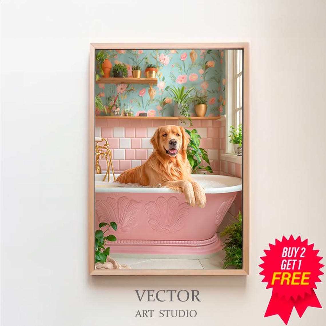 Golden Retriever Bubble Bath in a Pink Floral Bathroom Art Poster