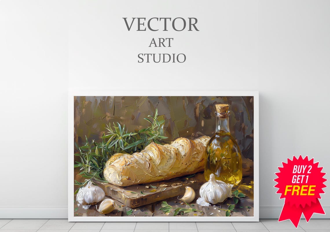 Rustic Bread Loaf Garlic Olive Oil Kitchen Still Life Poster - Image 3