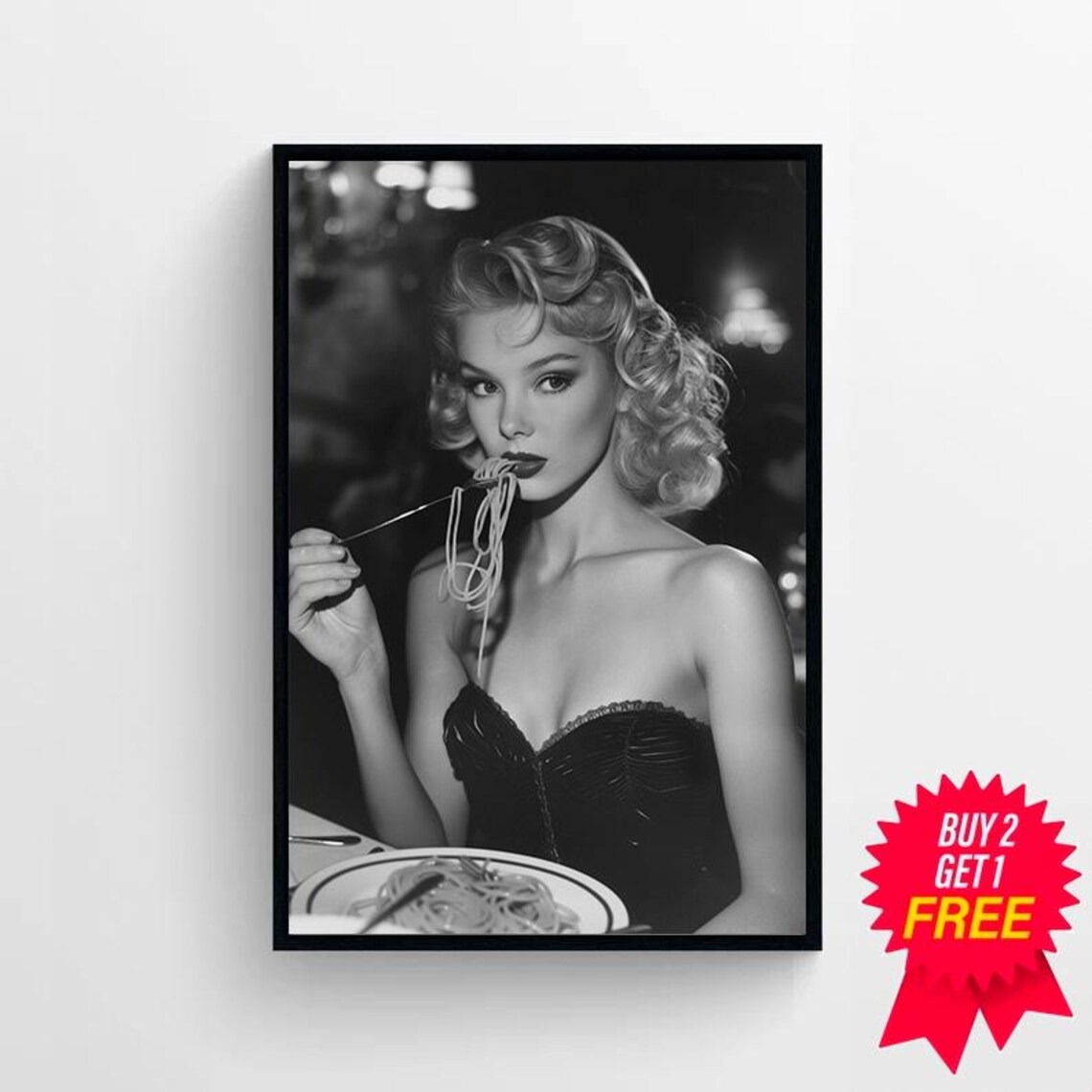 Black And White Woman Eating Spaghetti Vintage Italian Photo Poster - Image 4