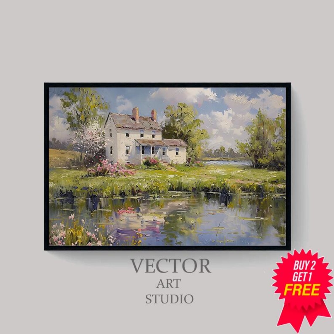 White Cottage By The Pond Spring Garden Flowers Oil Painting Poster - Image 4