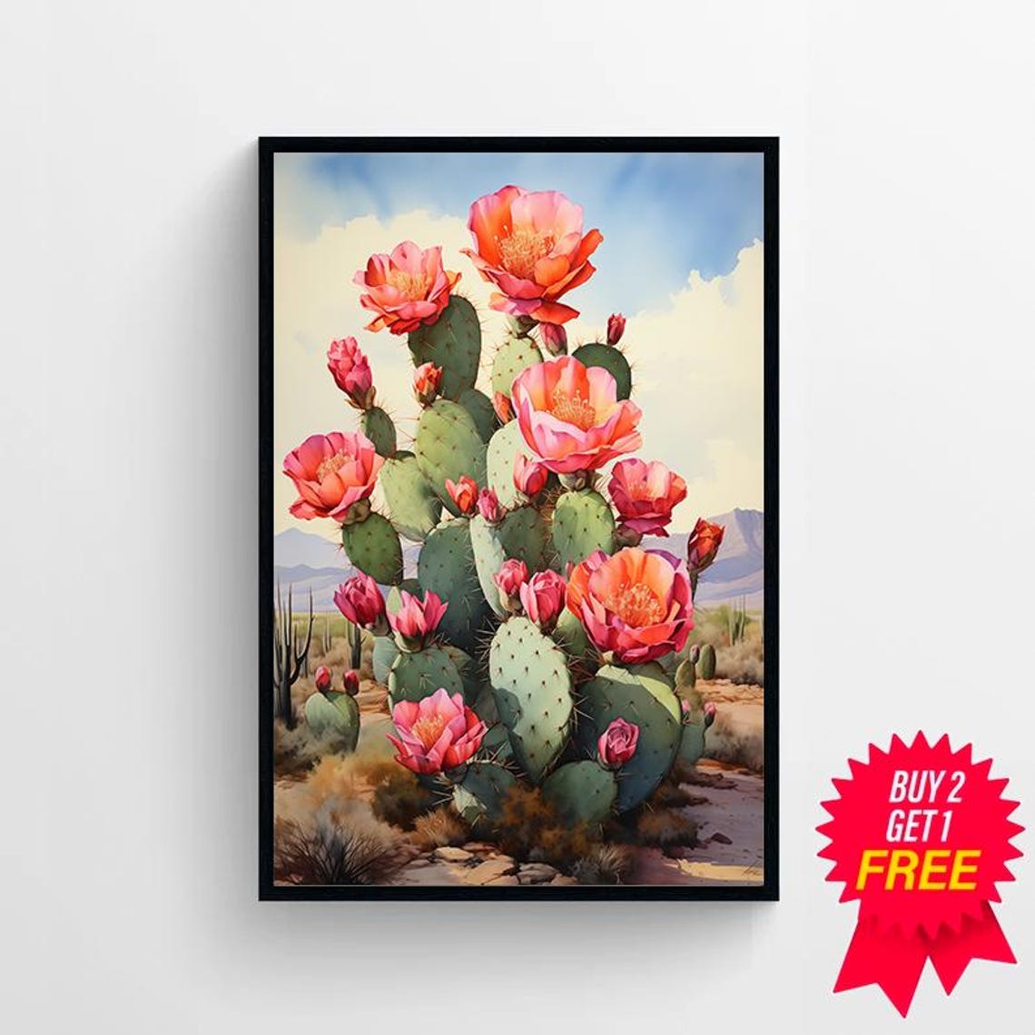 Coral Blooming Prickly Pear Cactus with Saguaro Desert Scene Poster - Image 4