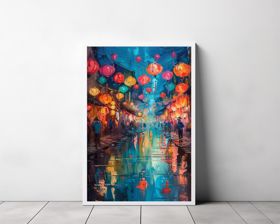 Hoi An Lantern Festival Night Street Reflections Oil Painting Poster - Image 3