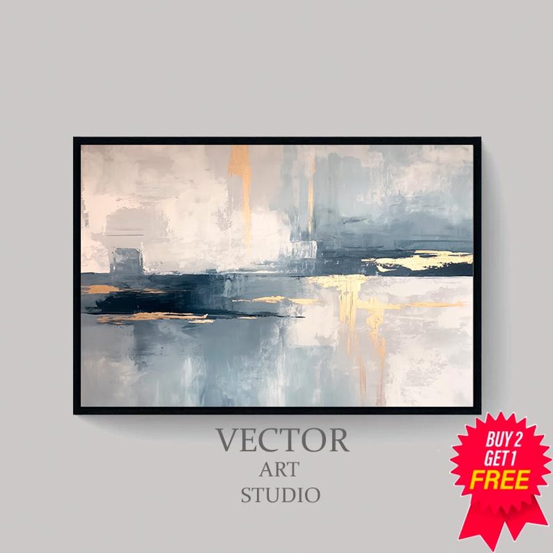 Deep Navy Blue and Gold Abstract Waterscape Modern Art Poster - Image 4
