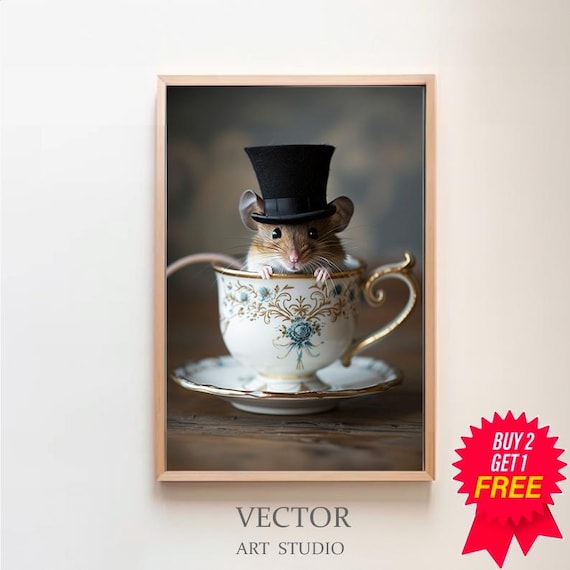 Mouse In A Tea Cup Oil Painting Mouse In Top Hat Mouse Decor Funny Kitchen Wall Art Dark Humor Whimsical Art Funny Animal Art
