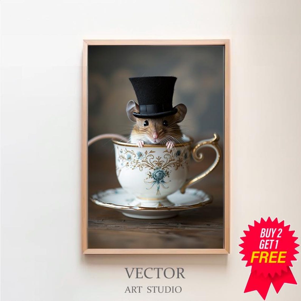 Tiny Curious Mouse in Top Hat Sitting in Vintage Teacup Poster