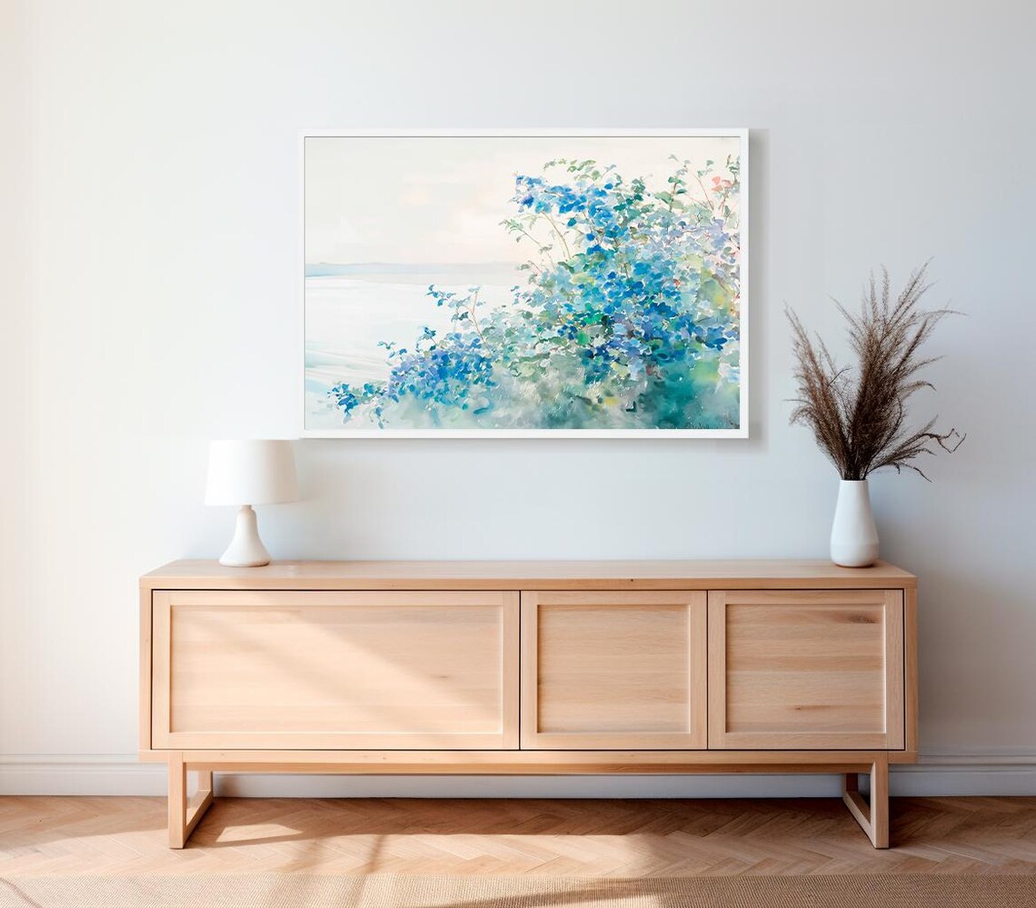 Blue Wildflowers Swaying Beside The Sea Coastal Watercolor Wall Art - Image 2