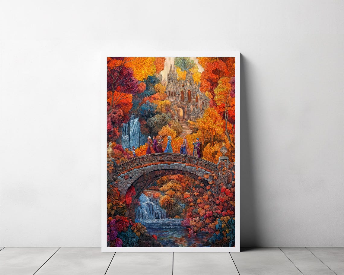 Autumn Bridge Fellowship Gothic Abbey Waterfall Fantasy Poster - Image 3