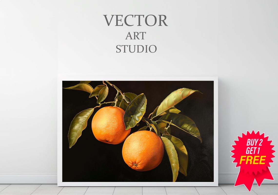 Two Golden Ripe Oranges on Branch Against Dark Background Poster - Image 3
