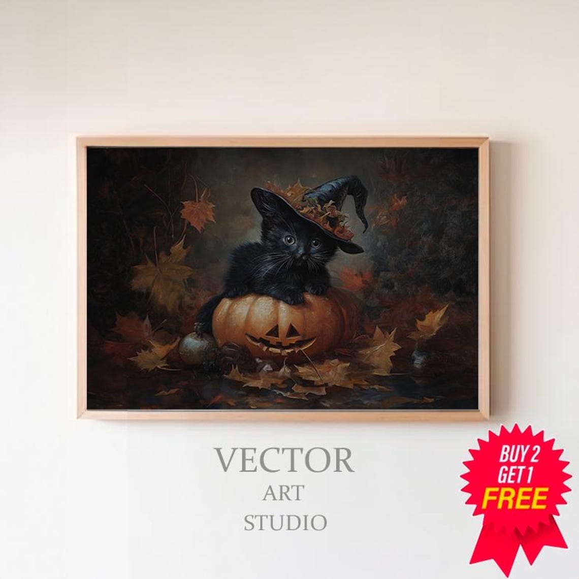 Black Kitten in Witch Hat Behind Jack-O-Lantern Halloween Poster